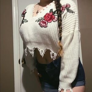 Zaful cropped white sweater with roses embroidered